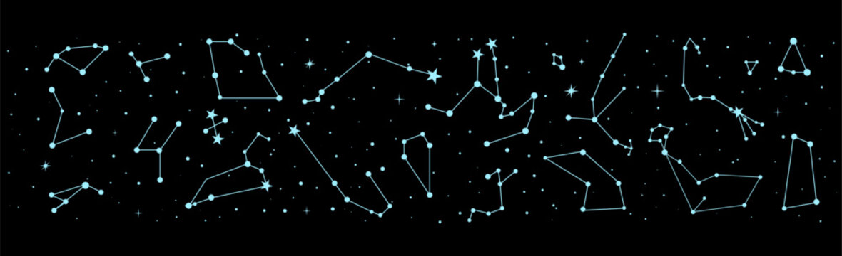 Night sky map, star constellation border. Mystic astrology, magic, astronomy, esoteric horoscope or zodiac vector banner. Celestial sphere shapes of shining stars and lines on black sky background