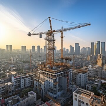 captures a bustling construction site amidst an expansive cityscape