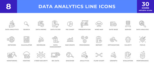 Data analytics, business analysis, line icons collection. set of modern simple web icons