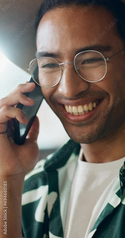 Poster Man, phone call and laughing face with conversation and communication with smile and networking. Happy, funny male person and speaking with mobile connection and fun discussion with talking and joke