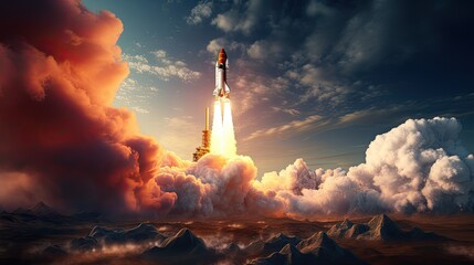dramatic scene of a space shuttle launch - obrazy, fototapety, plakaty