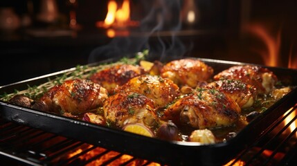 Herb-crusted chicken sizzles under intense heat to golden brown perfection.