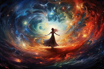 fantastical and ethereal depiction of a woman in the midst of a swirling galaxy