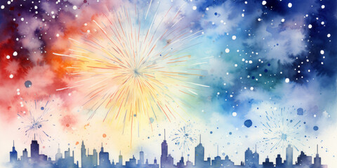 Colorful fireworks over silhouette city skyline watercolor painting, minimalist holiday celebration background watercolor painting - obrazy, fototapety, plakaty