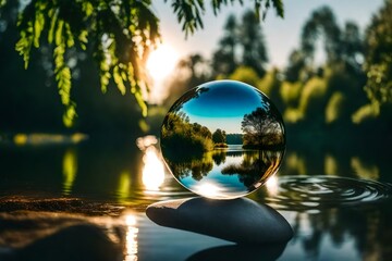 In the artistry of crystal lens ball photography, the beauty of dawn unfolds with a serene lake and the vibrant greenery that adorns its shores.