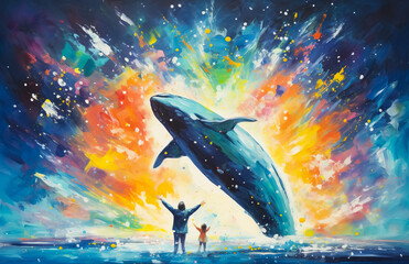 Abstract colorful painting of kid,child with whale or animal mysterious in  fantasy dream style.book cover background.and novel concepts.inspiration and imagination ideas