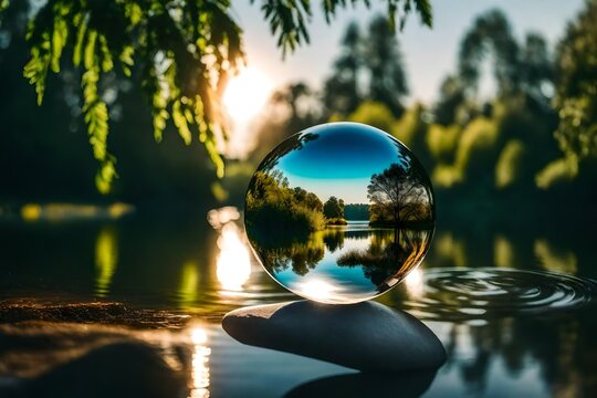 In the artistry of crystal lens ball photography, the beauty of dawn unfolds with a serene lake and the vibrant greenery that adorns its shores.
