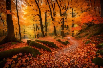 An enchanting forest pathway carpeted with fallen maple leaves, leading into the heart of the woods during autumn.