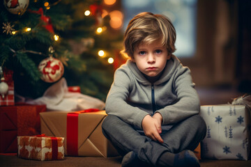 Fototapeta na wymiar Sadly depressed little child waiting for Santa Claus at domestic home Christmas party in front of the decorated Christmas tree background.