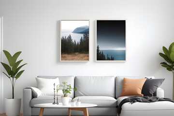 Two blank vertical photo frame mock up in scandinavian style living room interior. 3d rendering. Modern living room.