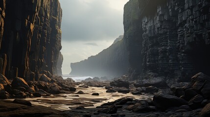 rocky shoreline with towering cliffs on either side - obrazy, fototapety, plakaty