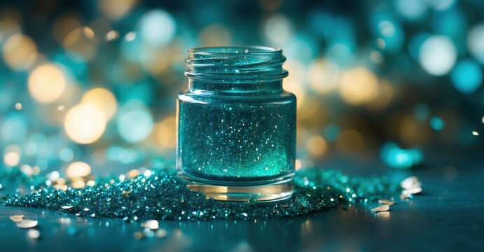  Immerse in the spellbinding charm of a teal glitter bokeh scene, where unfocused shimmer creates an ethereal canvas adorned with captivating turquoise green sparkle