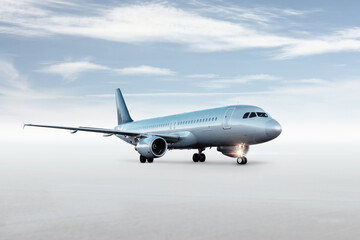 Passenger airplane isolated on bright background with sky