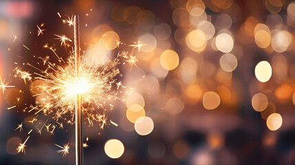 A Sylvester New Year or New Year's Eve 2024 party event celebration holiday greeting card featuring a close-up of sparkling sparklers against a background of bokeh lights, encapsulating the festive sp - obrazy, fototapety, plakaty