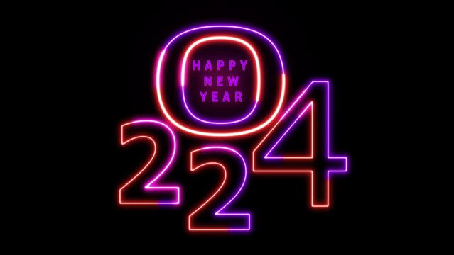 Neon glowing 2024 text, happy new year background animation. Happy new year 2024 greetings with neon numbers, new year, alpha channel