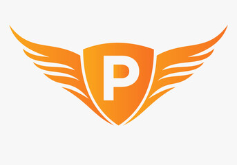 Wing Logo On Letter P For, Transportation Symbol. Freight Sign - obrazy, fototapety, plakaty