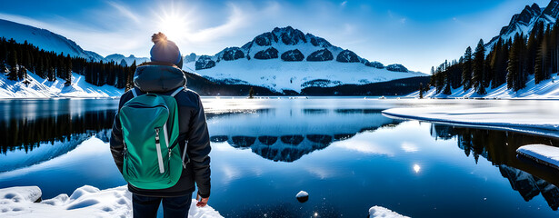 backpacker person traveller in jacket travel nature background concept. with snow mountain reflecting water clam lake. - obrazy, fototapety, plakaty