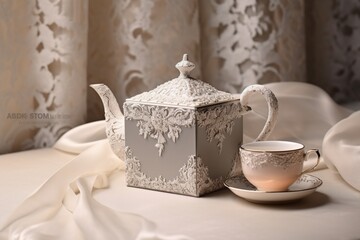 A silver tea set-inspired empty magnetic cardboard box with copy space on blank labels for customization, placed on a delicate lace doily. Empty blank label cardboard Box.