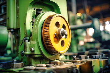 Photo of a detailed view of industrial machinery in a manufacturing plant. Modern metal processing at an industrial enterprise. Manufacturing of high-precision parts and mechanisms.