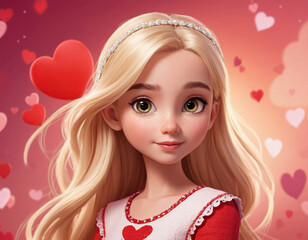 cartoon blonde girl. pink background. valentine's day concept