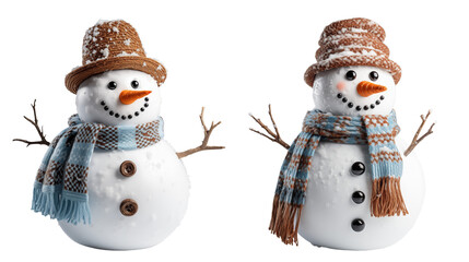 Set of snowman wearing scarf and hat on transparent background, Generative AI
