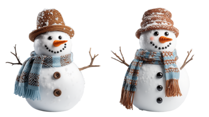 Set of snowman wearing scarf and hat on transparent background, Generative AI
