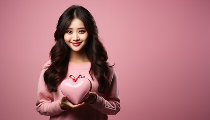 Fototapeta na wymiar Asian girl holding heart shape gift box on pink background, Happy valentines day concept, Generative AI