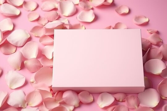 A velvet rose petal-covered empty magnetic cardboard box with copy space on blank labels for customization, set against a romantic blush pink background. Empty blank label cardboard Box.