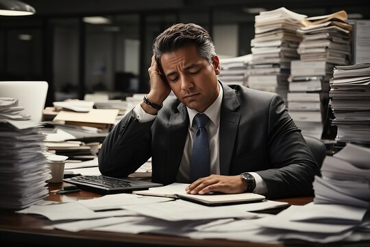 A businessman slumped over his desk, eyes closed and head resting on his hand, surrounded by piles of paperwork and a computer screen displaying a never-ending to-do list.