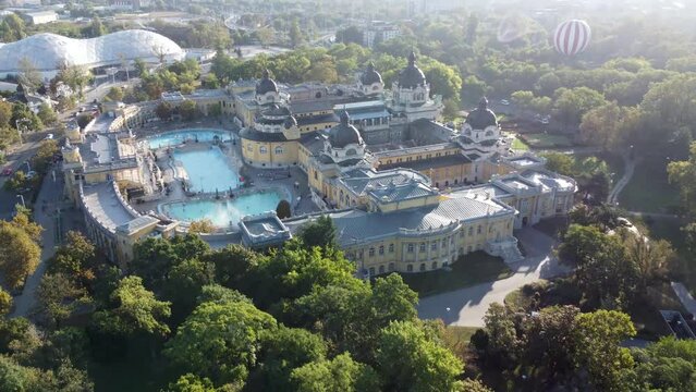 Sz&eacute;chenyi geothermal baths in Budapest, Hungary. Europe wellness tourism. Aerial