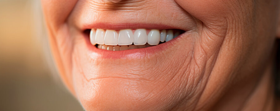 Senior woman's joyful smile, close-up of white teeth, signifying healthy aging and dental care, on a soft-focus background. Advertisement of a dental clinic. Healthy lifestyle. Ultra wide banner