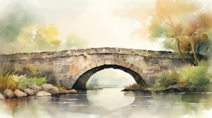 Fotobehang watercolor painting of an old stone bridge over the river © fledermausstudio