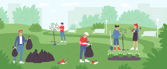 Young volunteers plant trees in city park, collecting garbage into trash bag, improve the environment together vector - obrazy, fototapety, plakaty