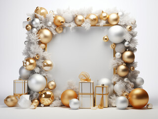 A Christmas tree adorned with gold and white ornaments, featuring minimalist-style gifts. The decorations include ornaments, creating a festive atmosphere with an open space at the center.