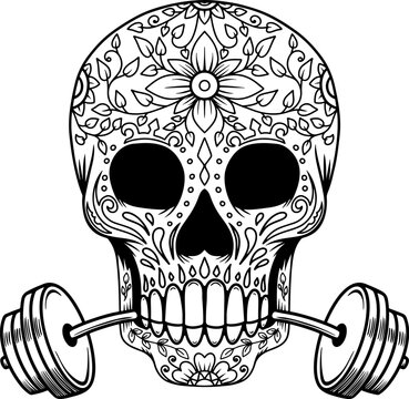 Illustration of sugar skull with barbell. Design element for logo, label, sign, emblem, badge. Vector illustration sugar skull