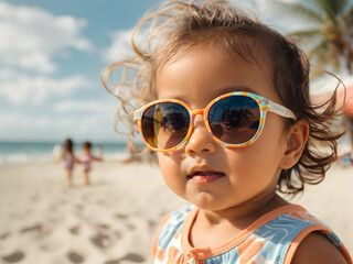 A funny baby wearing sunglasses at the beach