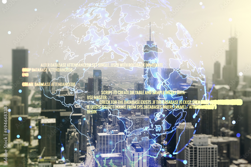 Poster multi exposure of abstract programming language hologram and world map on chicago office buildings b