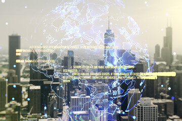 Multi exposure of abstract programming language hologram and world map on Chicago office buildings...