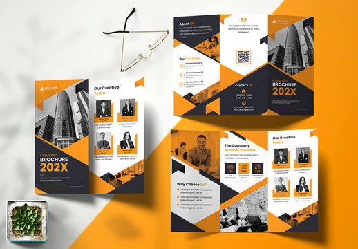 Trifold Brochure Layout with Orange Accents