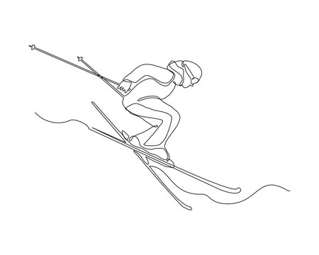 recommend clip art: Continuous single line sketch drawing of man skier snow ski down and jump the snowy mountain fast speed. One line art of extreme sport snow ski vector illustration