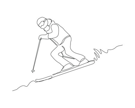 recommend clip art: Continuous single line sketch drawing of man skier snow ski down and jump the snowy mountain fast speed. One line art of extreme sport snow ski vector illustration