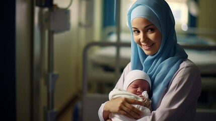 A midwife holds a baby in her arms. International Day of the Midwife. A Muslim midwife in a hijab hugs a newborn baby on a black background. Generative AI