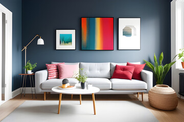 A scandinavian style large flat living room with two big colorful artwork. 3d rendering. Modern living room