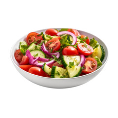 Fresh vegetable salad: tomato slices, cucumbers, lettuce leaves, transparent background 