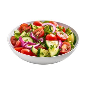 Fresh vegetable salad: tomato slices, cucumbers, lettuce leaves, transparent background 