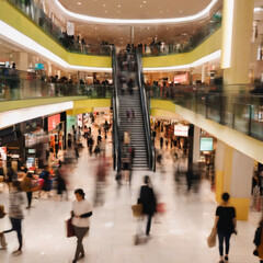 Fototapeta premium Abstract blurred photo of many people shopping inside department store or modern shopping mall. Urban lifestyle and shopping concept 