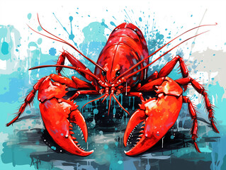 A Character Cartoon of a Lobster on an Abstract Background with Thick Textures and Bold Colors
