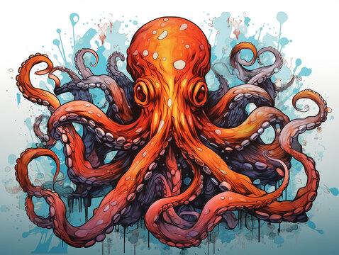 A Character Cartoon of an Octopus on an Abstract Background with Thick Textures and Bold Colors