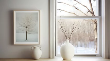 Fototapeten A refined vase graces a tall white window, elegantly placed atop a white wooden table. The backdrop features a framed picture showcasing a serene snowy landscape © Yusif