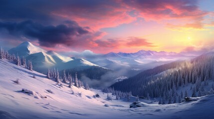 Naklejka premium Picturesque, beautiful winter landscape of mountains and forest, snow-covered valley against the backdrop of a pink sunset.